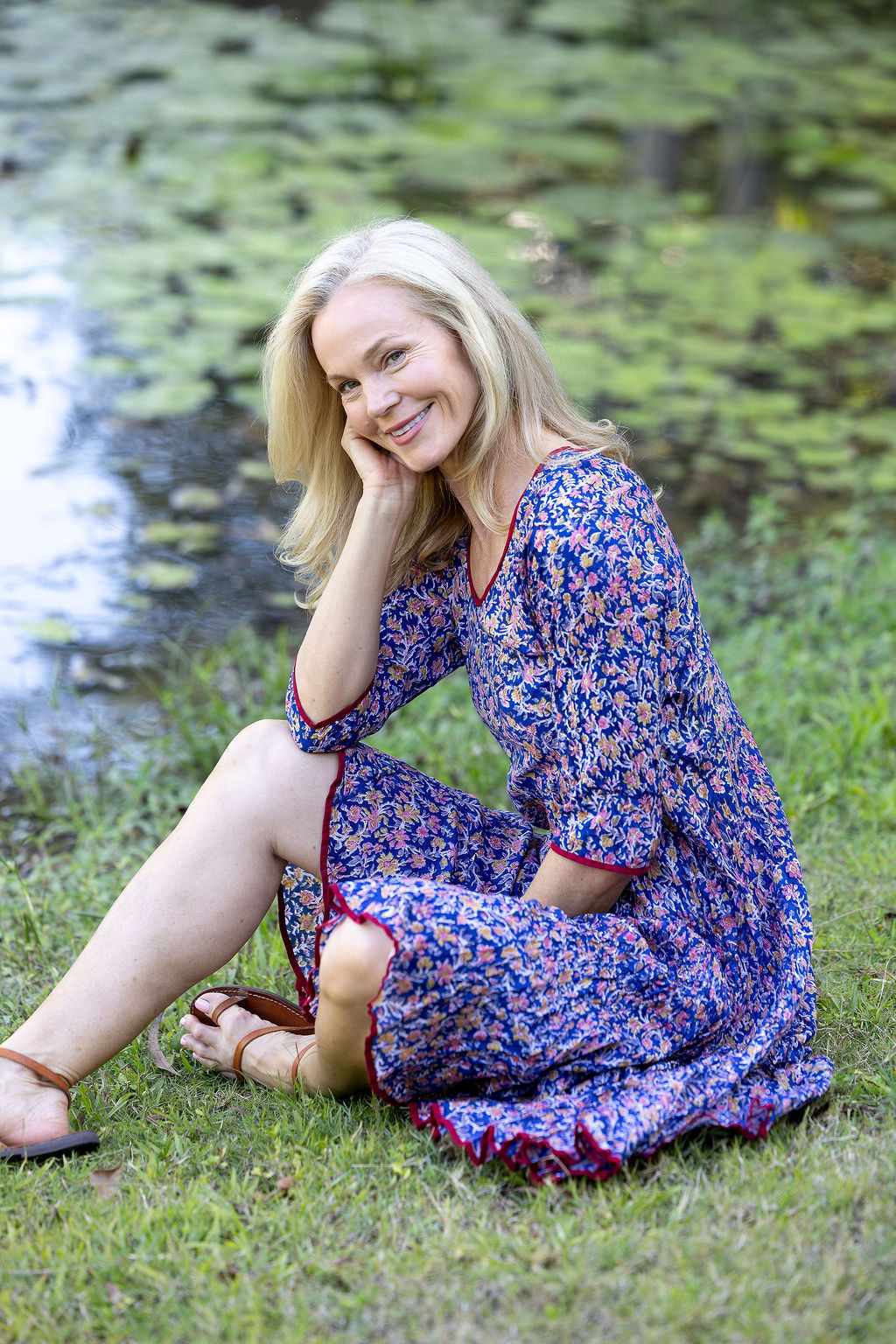 Womens, midi, Flamenco Dress with sleeves, 100% Cotton, hand block print. Fine florals on Royal Blue - Demi