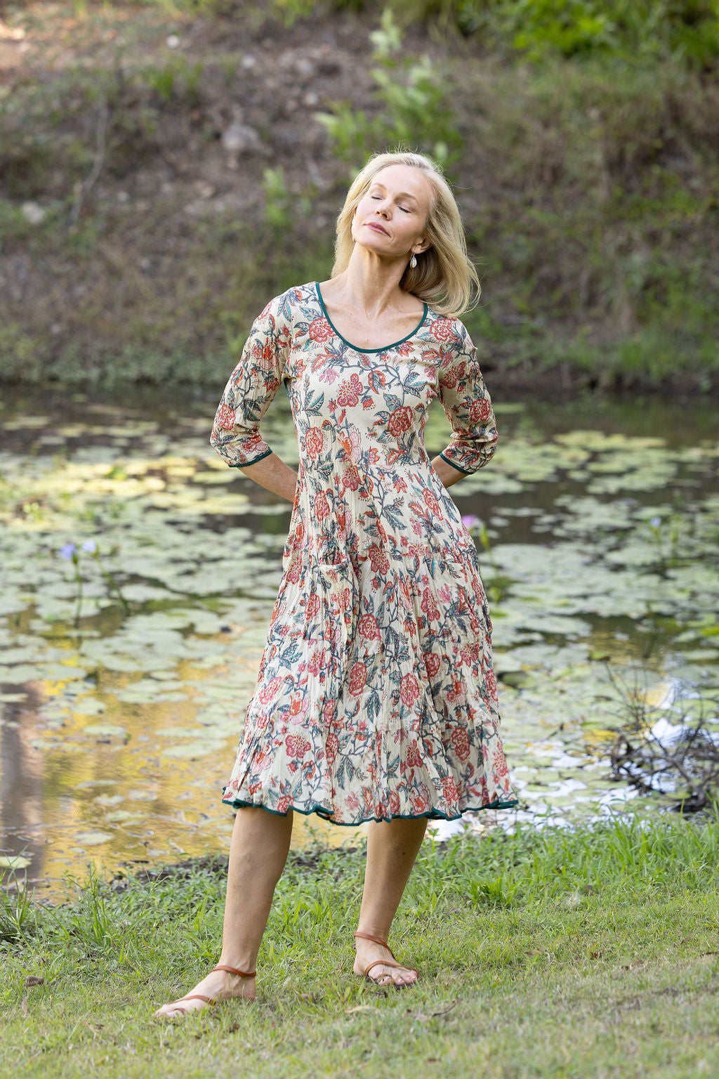 Womens, midi, Flamenco Dress with sleeves, 100% Cotton, hand block print. Vintage Saffron & Green - Savona
