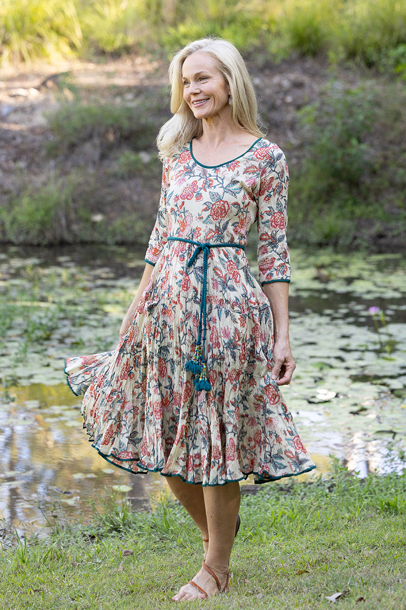 Womens, midi, Flamenco Dress with sleeves, 100% Cotton, hand block print. Vintage Saffron & Green - Savona