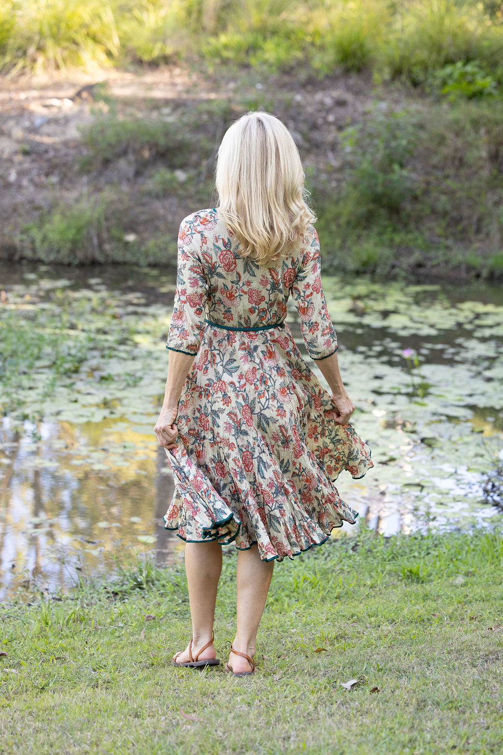 Womens, midi, Flamenco Dress with sleeves, 100% Cotton, hand block print. Vintage Saffron & Green - Savona