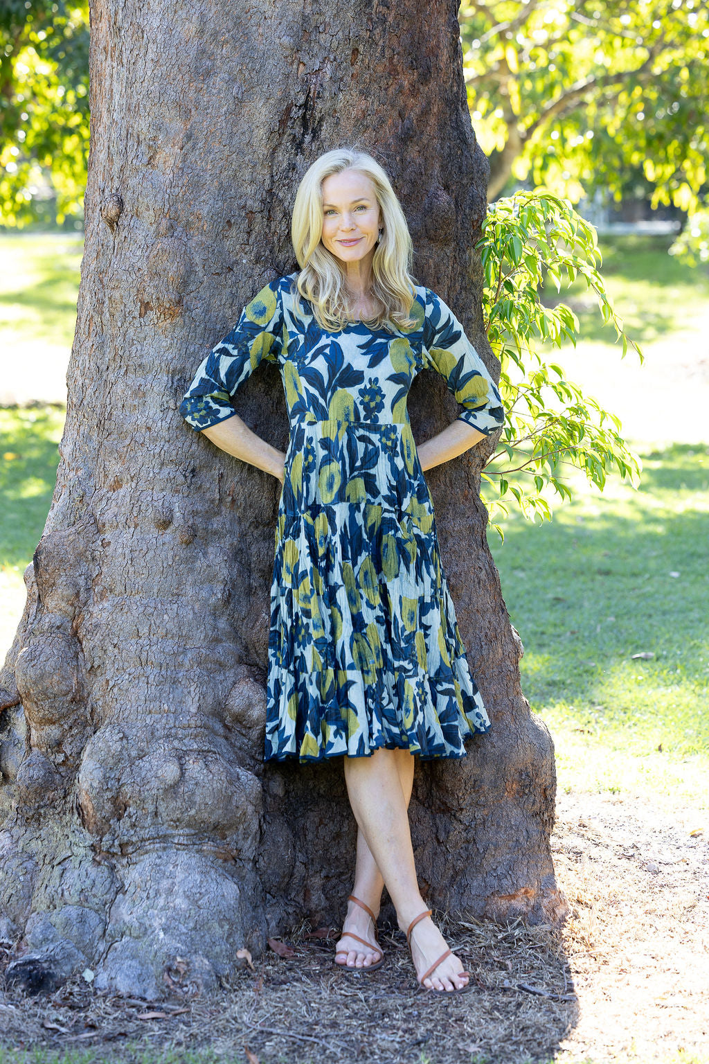 Womens, midi, Flamenco Dress with sleeves, 100% Cotton, hand block print. Natural blue with yellow - Indigo Limoncello