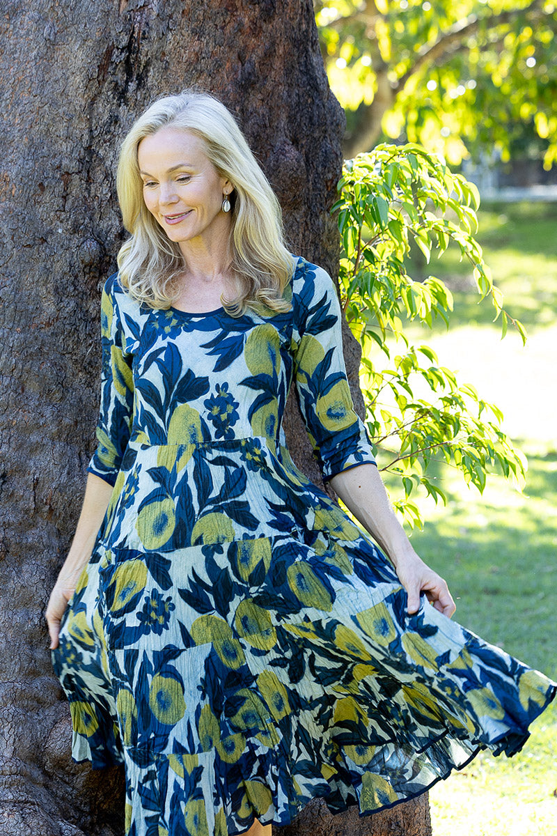 Womens, midi, Flamenco Dress with sleeves, 100% Cotton, hand block print. Natural blue with yellow - Indigo Limoncello
