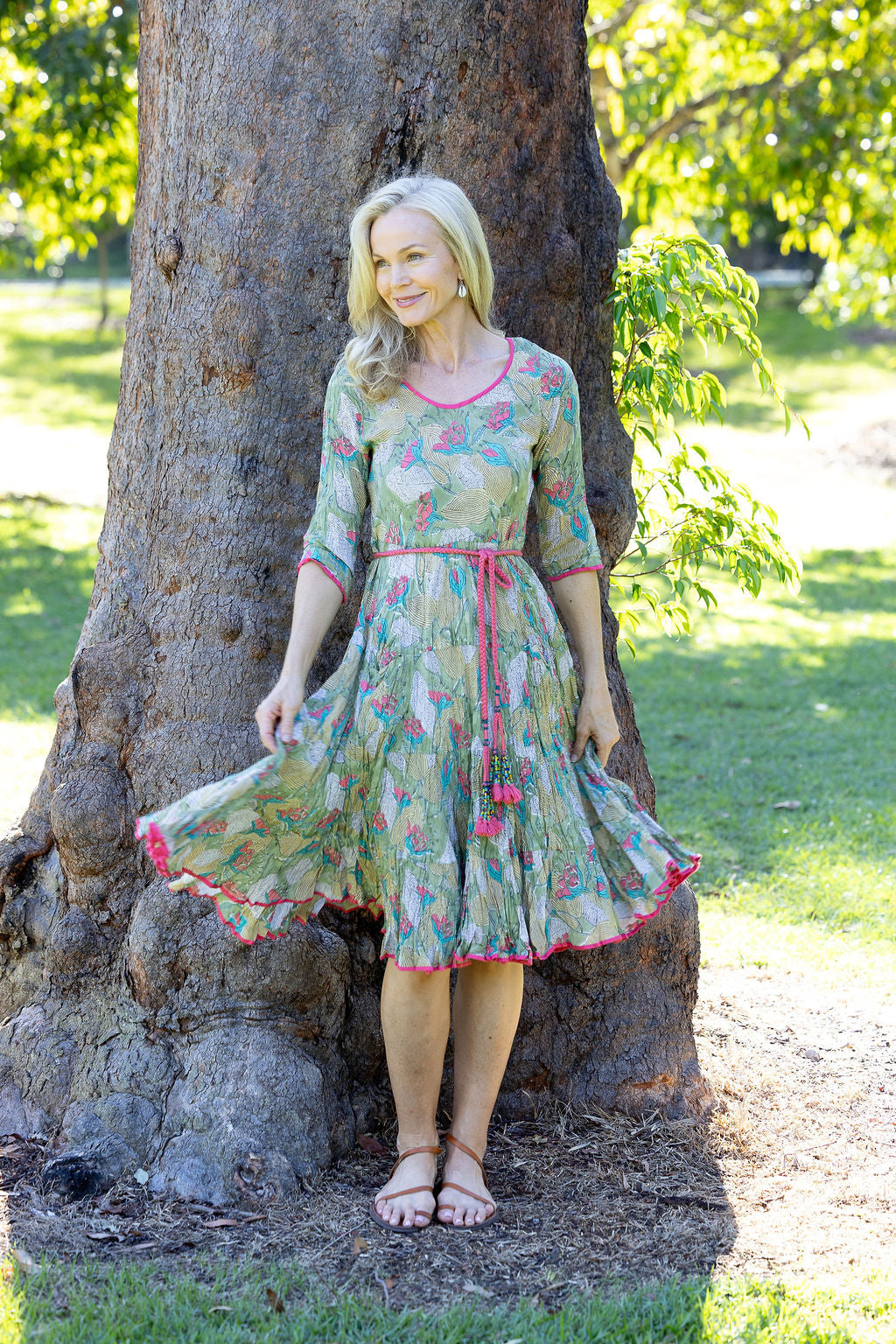 Womens, midi, Flamenco Dress with sleeves, 100% Cotton, hand block print. Leafy Green & Pink - Raya