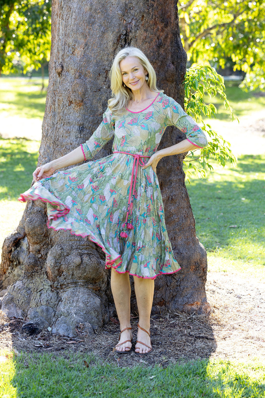 Womens, midi, Flamenco Dress with sleeves, 100% Cotton, hand block print. Leafy Green & Pink - Raya