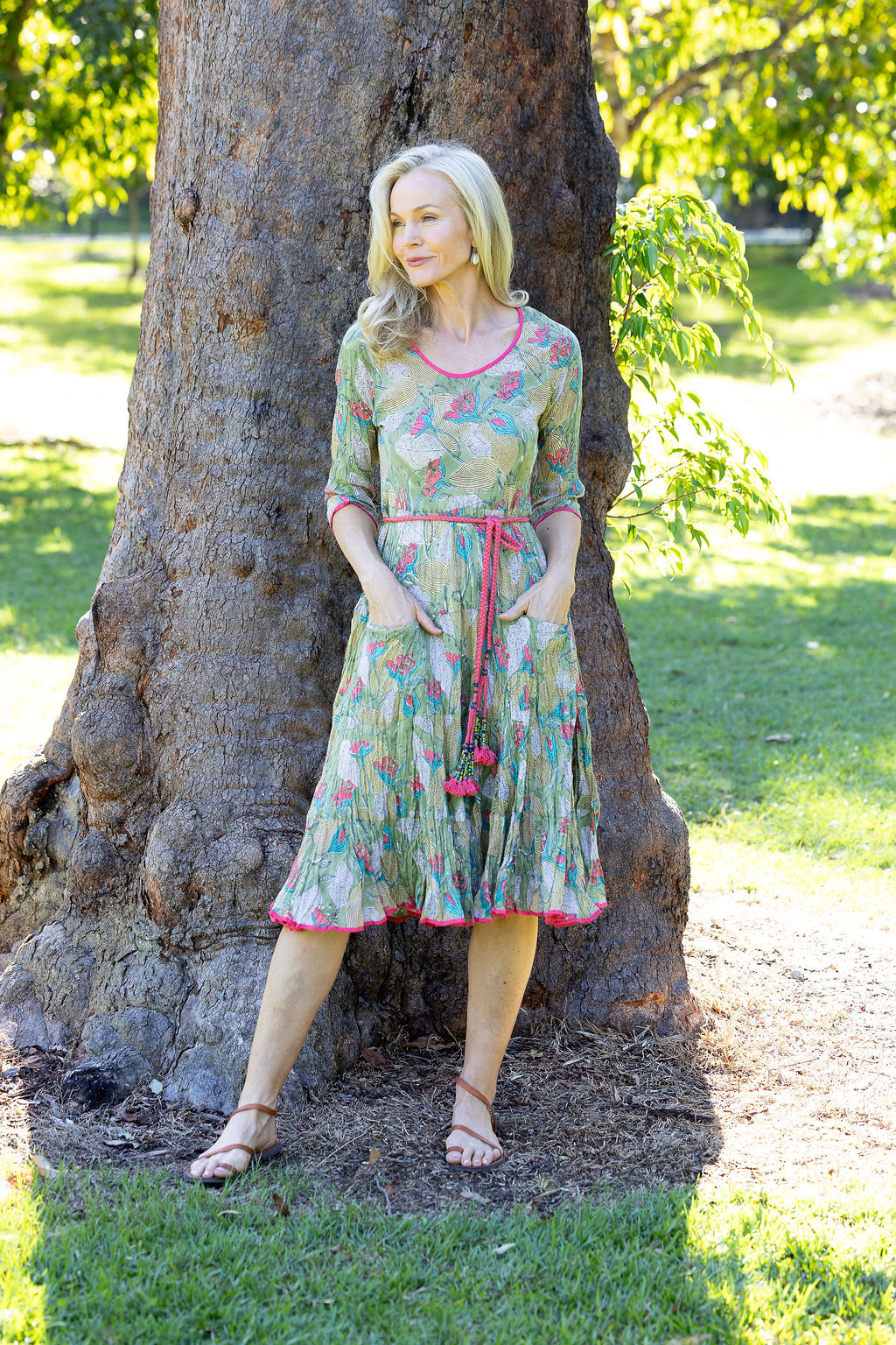 Womens, midi, Flamenco Dress with sleeves, 100% Cotton, hand block print. Leafy Green & Pink - Raya