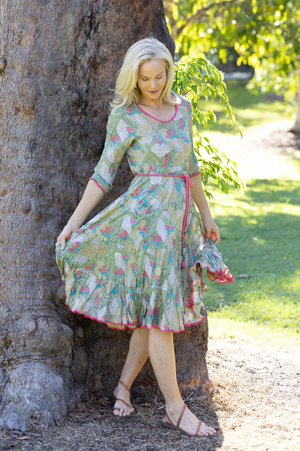 Womens, midi, Flamenco Dress with sleeves, 100% Cotton, hand block print. Leafy Green & Pink - Raya