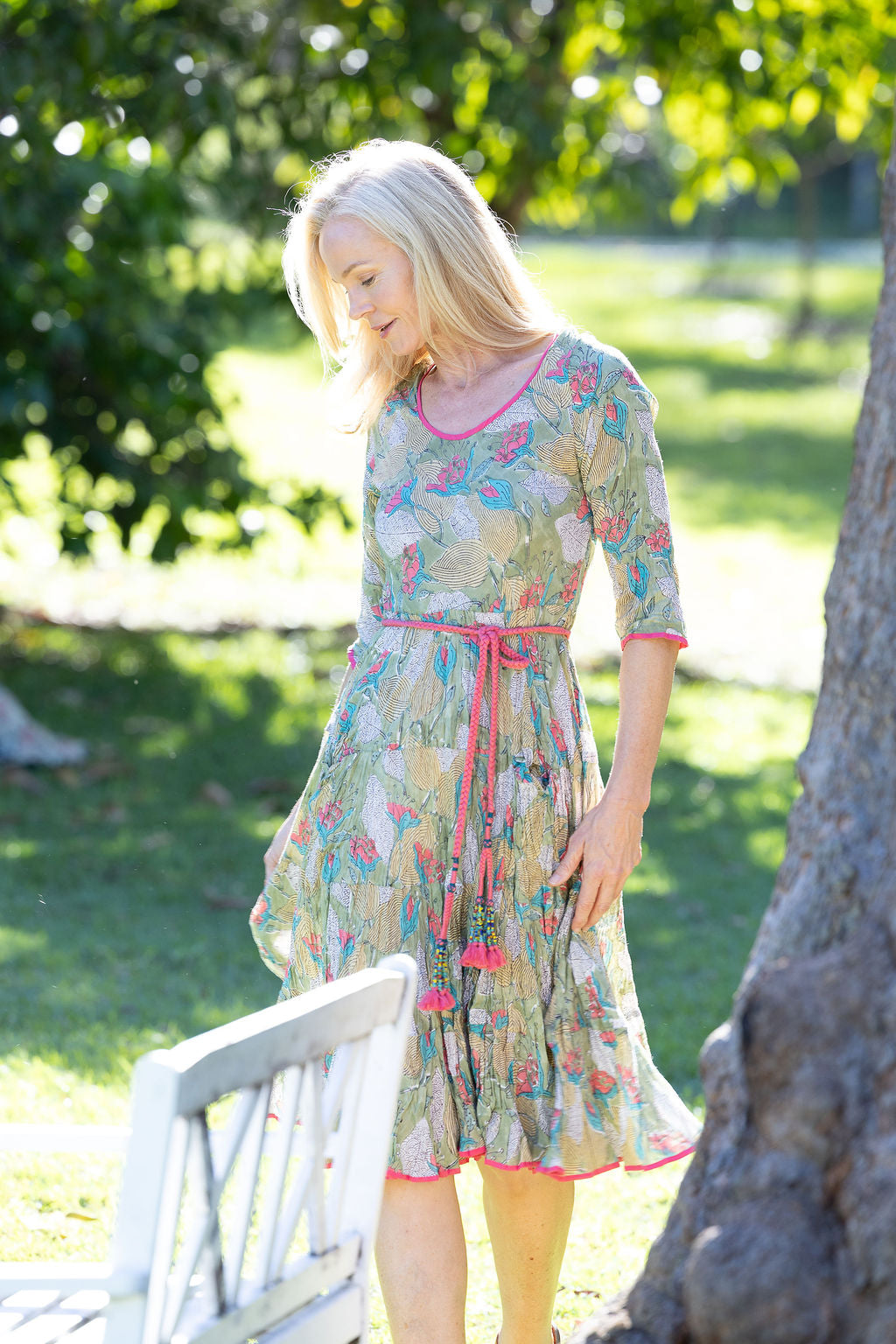 Womens, midi, Flamenco Dress with sleeves, 100% Cotton, hand block print. Leafy Green & Pink - Raya