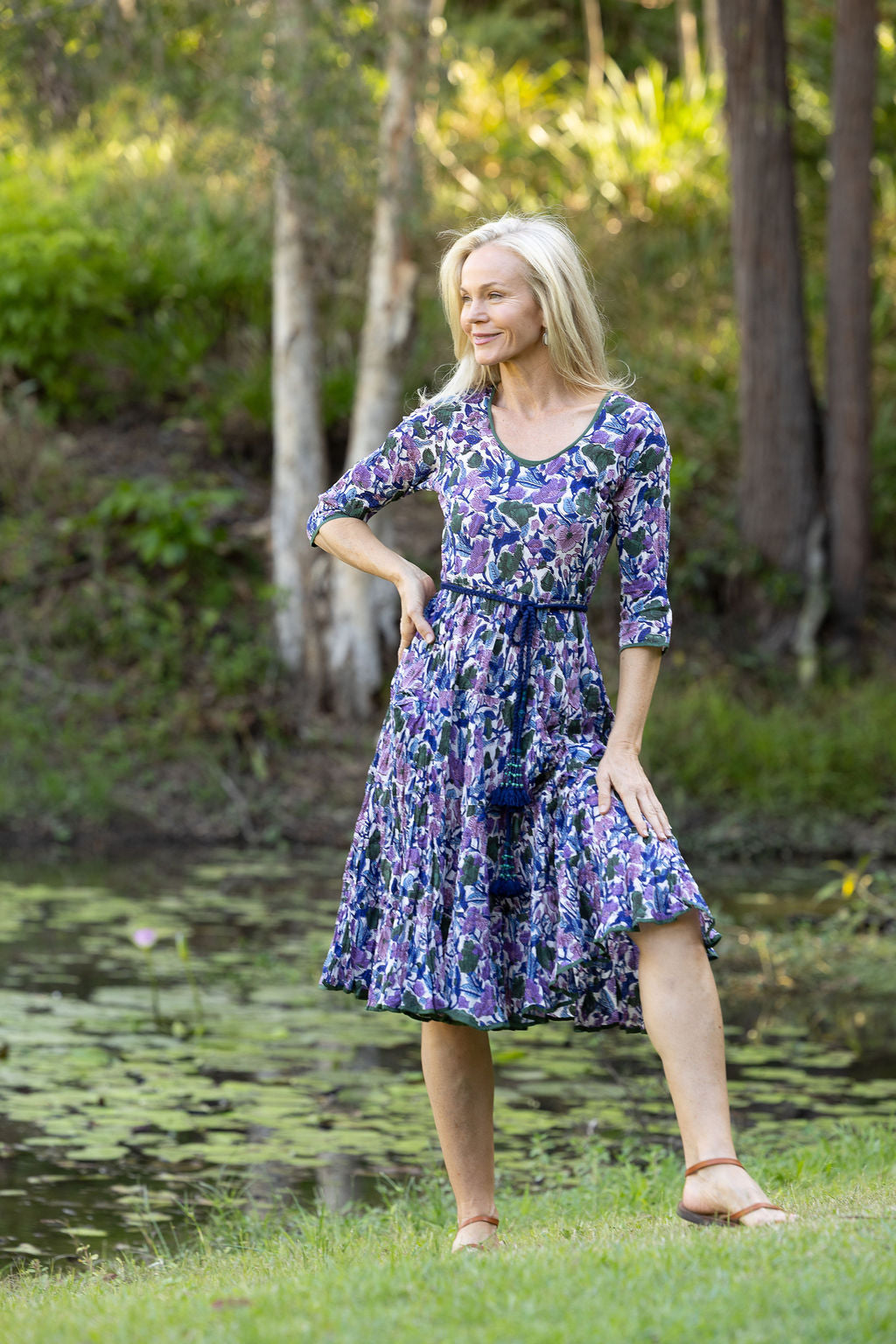 Womens, midi, Flamenco Dress with sleeves, 100% Cotton, hand block print. Tones of violet & purple - Violetta.