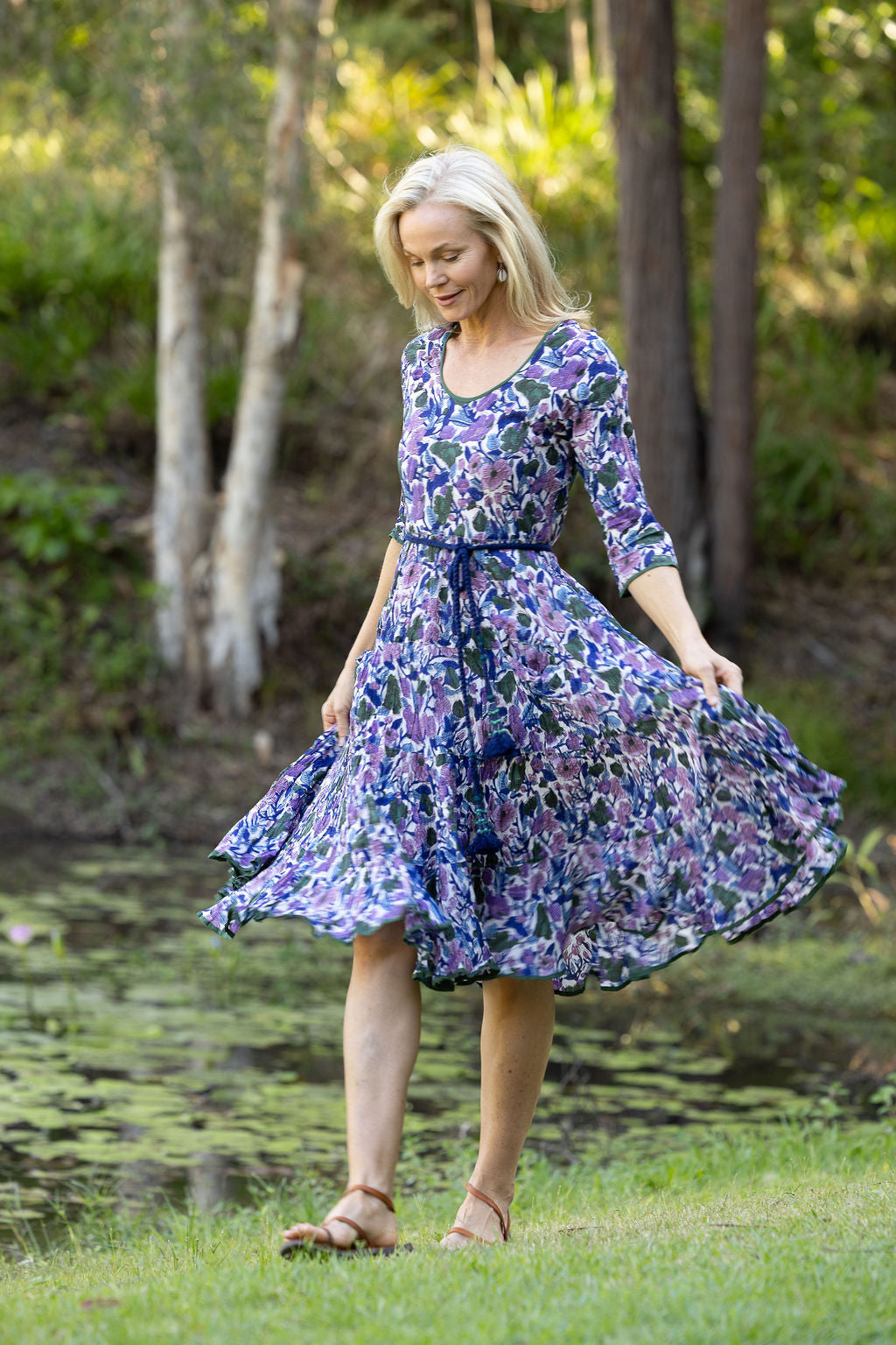 Womens, midi, Flamenco Dress with sleeves, 100% Cotton, hand block print. Tones of violet & purple - Violetta.