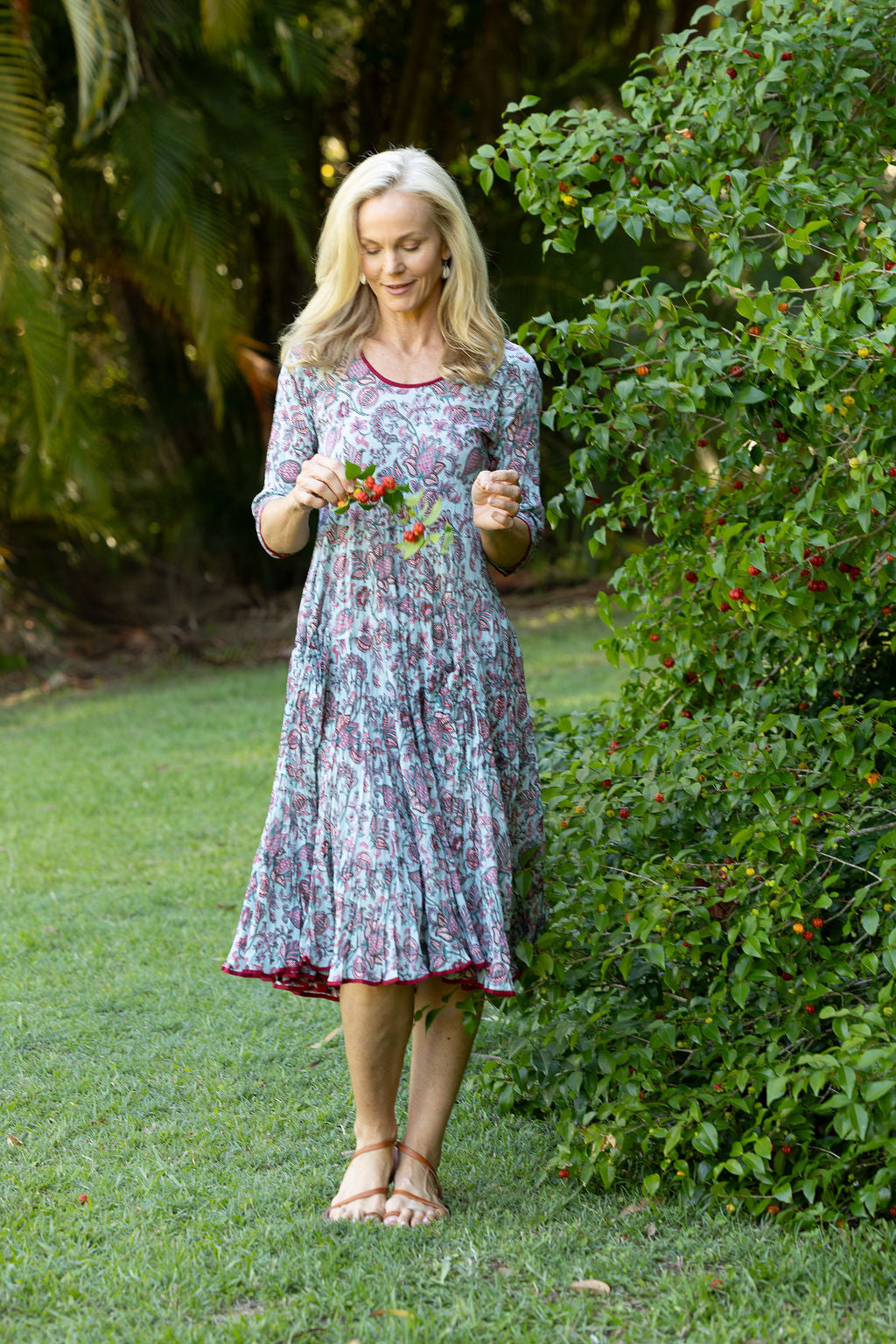 Womens, midi, Flamenco Dress with sleeves, 100% Cotton, hand block print. Soft blue floral - Florence