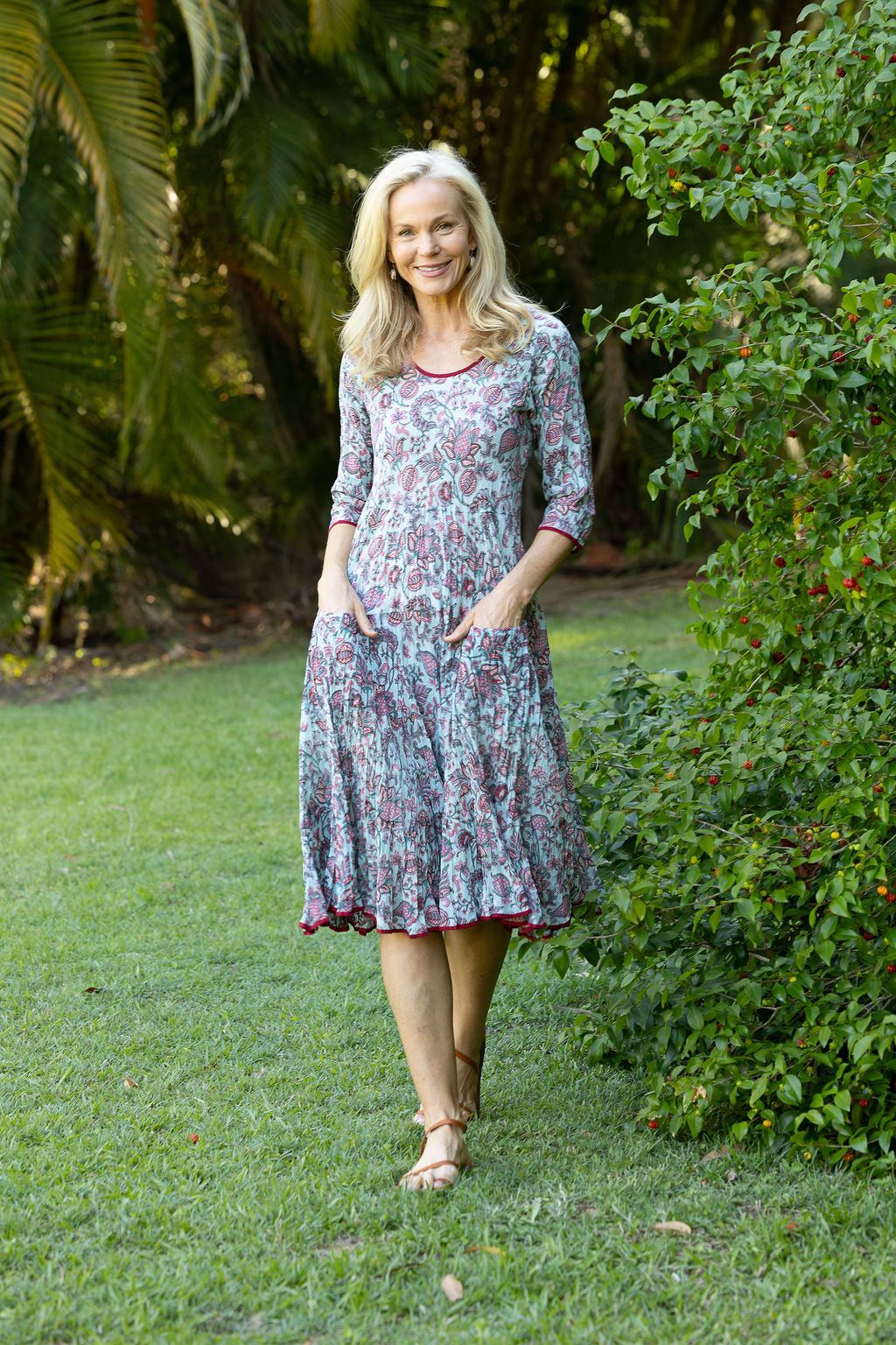 Womens, midi, Flamenco Dress with sleeves, 100% Cotton, hand block print. Soft blue floral - Florence