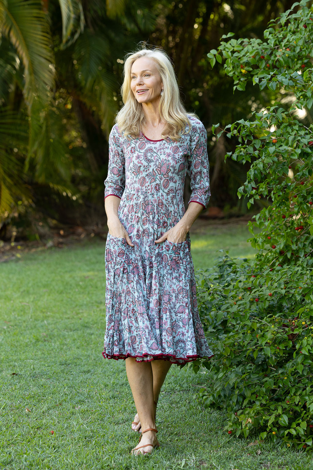 Womens, midi, Flamenco Dress with sleeves, 100% Cotton, hand block print. Soft blue floral - Florence