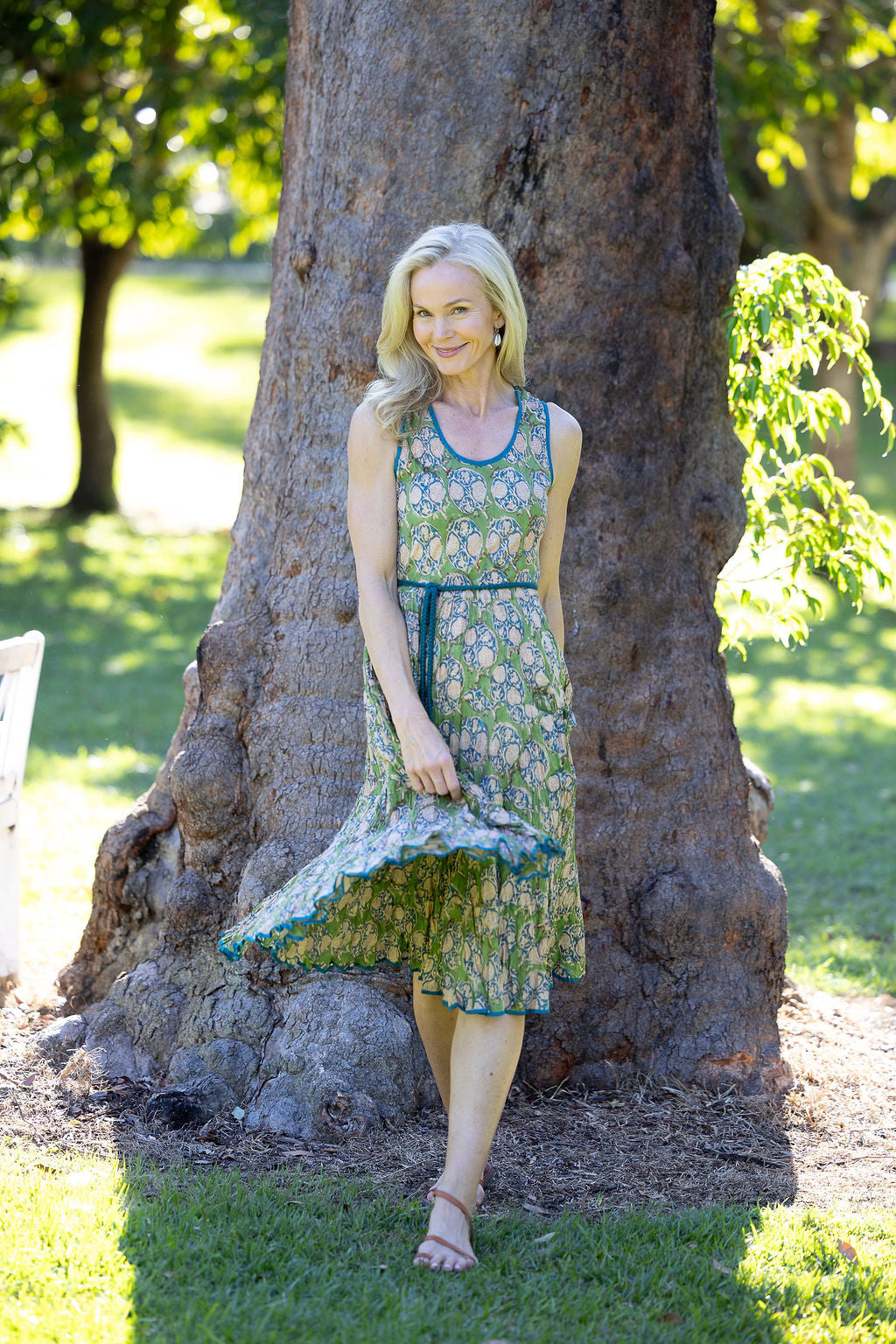 Womens, midi, Flamenco Dress, sleeveless, 100% Cotton, hand block print. In Summer Green - Edentree.
