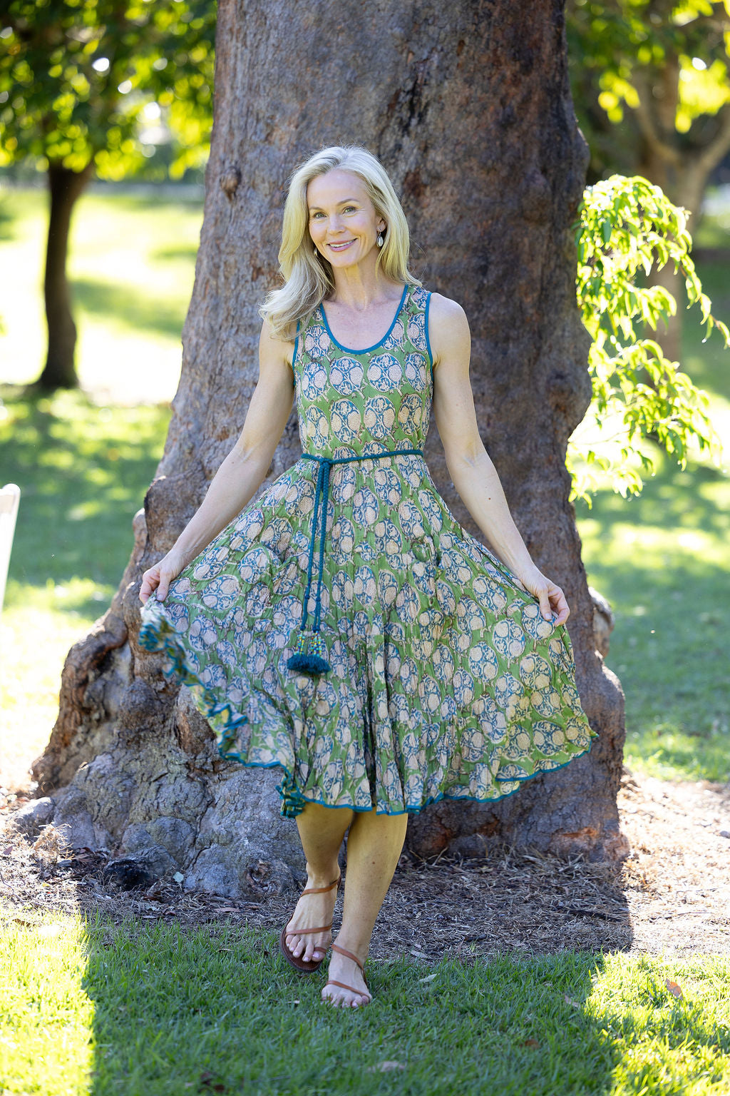 Womens, midi, Flamenco Dress, sleeveless, 100% Cotton, hand block print. In Summer Green - Edentree.