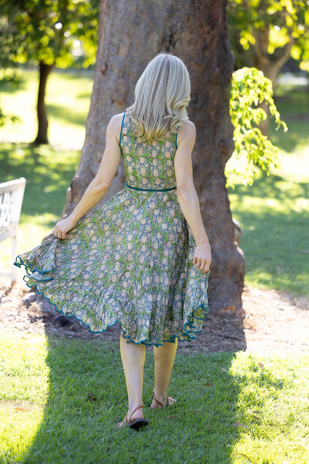 Womens, midi, Flamenco Dress, sleeveless, 100% Cotton, hand block print. In Summer Green - Edentree.