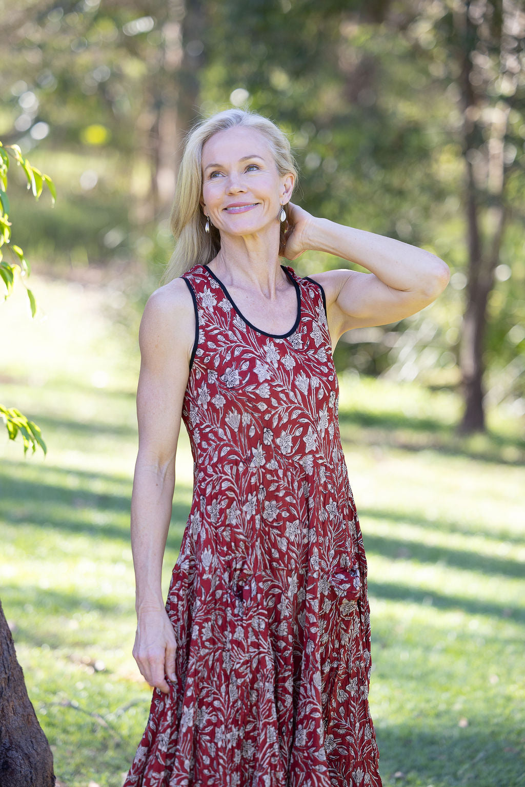 Womens, midi, Flamenco Dress, sleeveless, 100% Cotton, hand block print. In natural red, Rubira