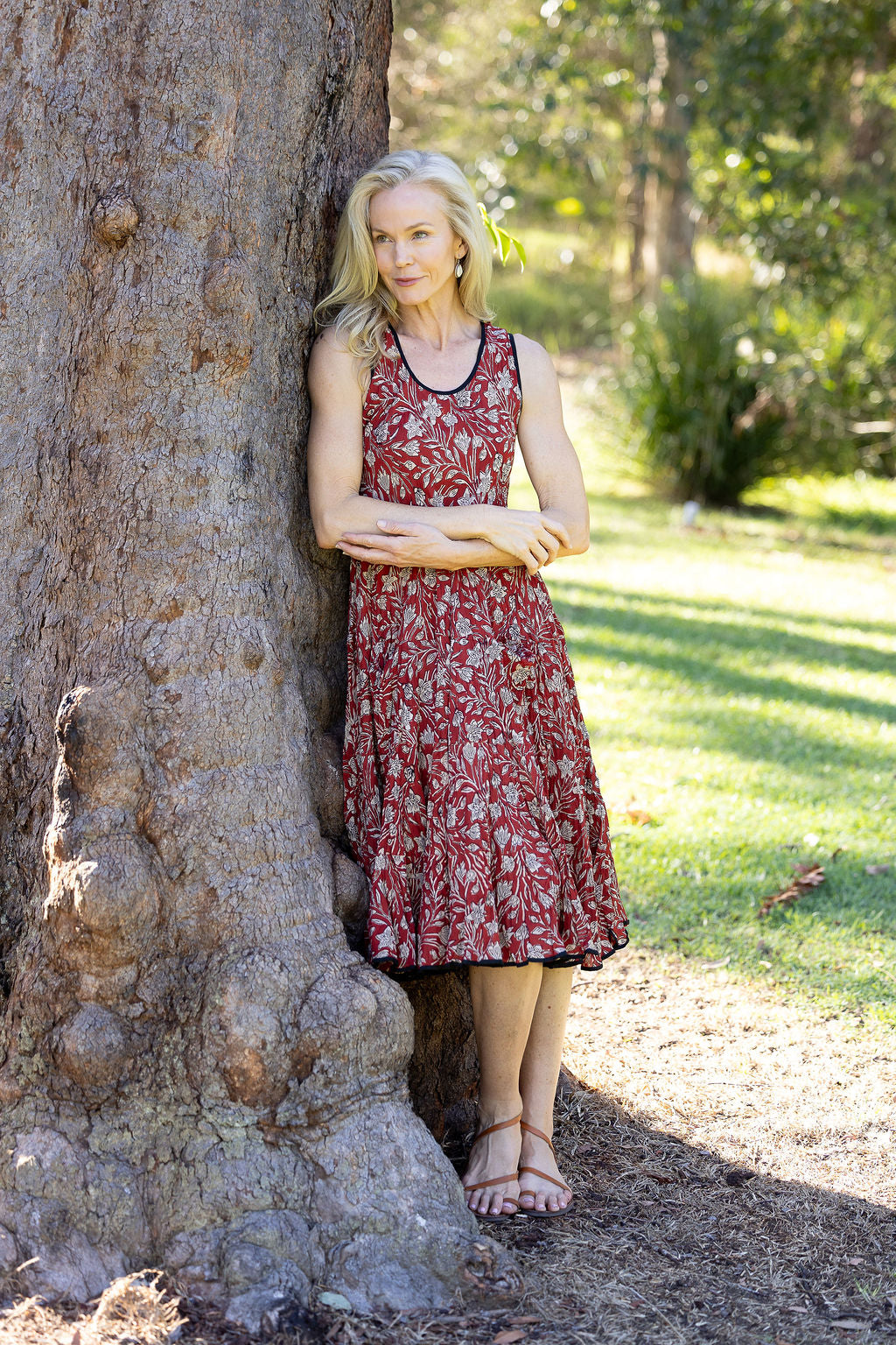 Womens, midi, Flamenco Dress, sleeveless, 100% Cotton, hand block print. In natural red, Rubira