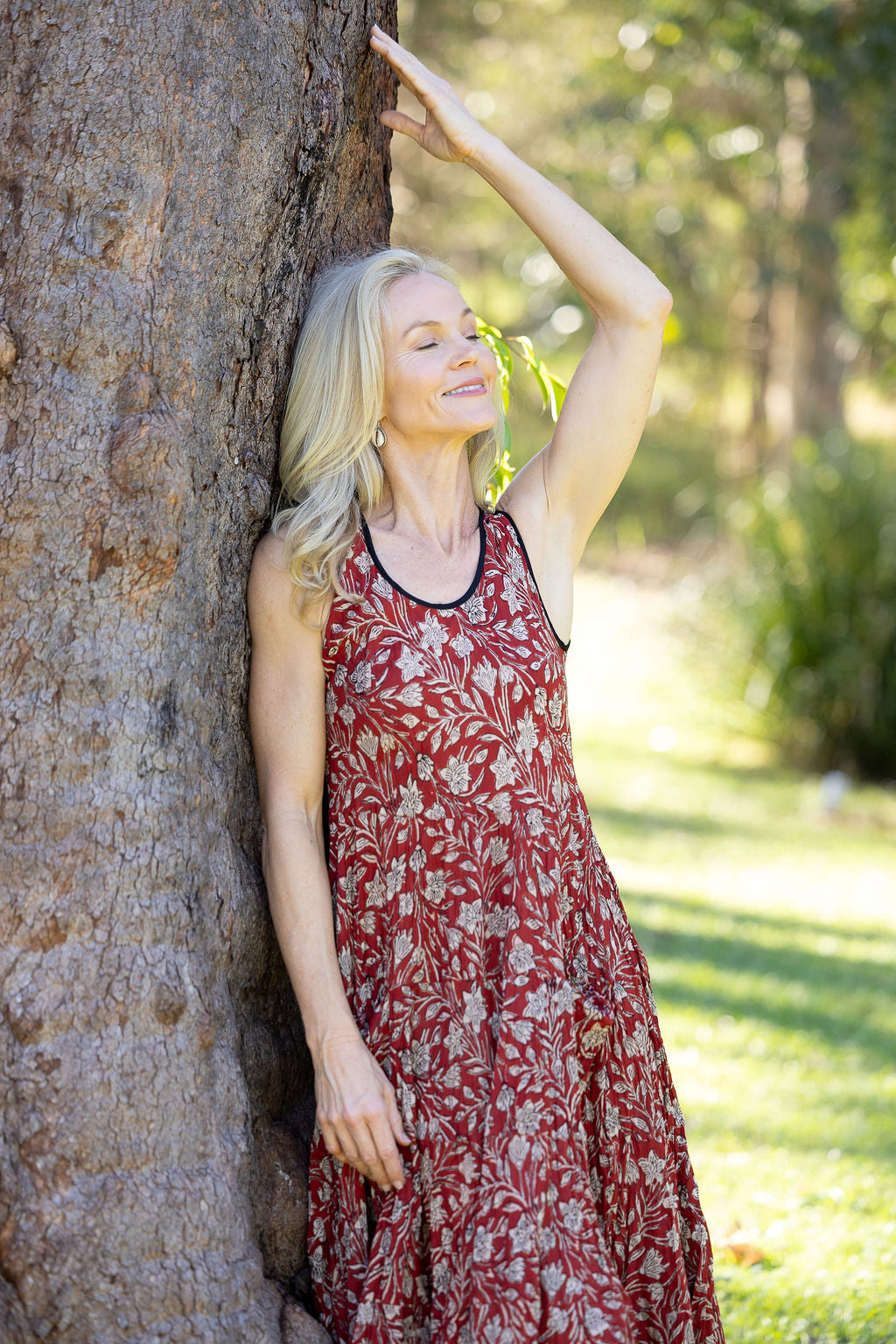 Womens, midi, Flamenco Dress, sleeveless, 100% Cotton, hand block print. In natural red, Rubira