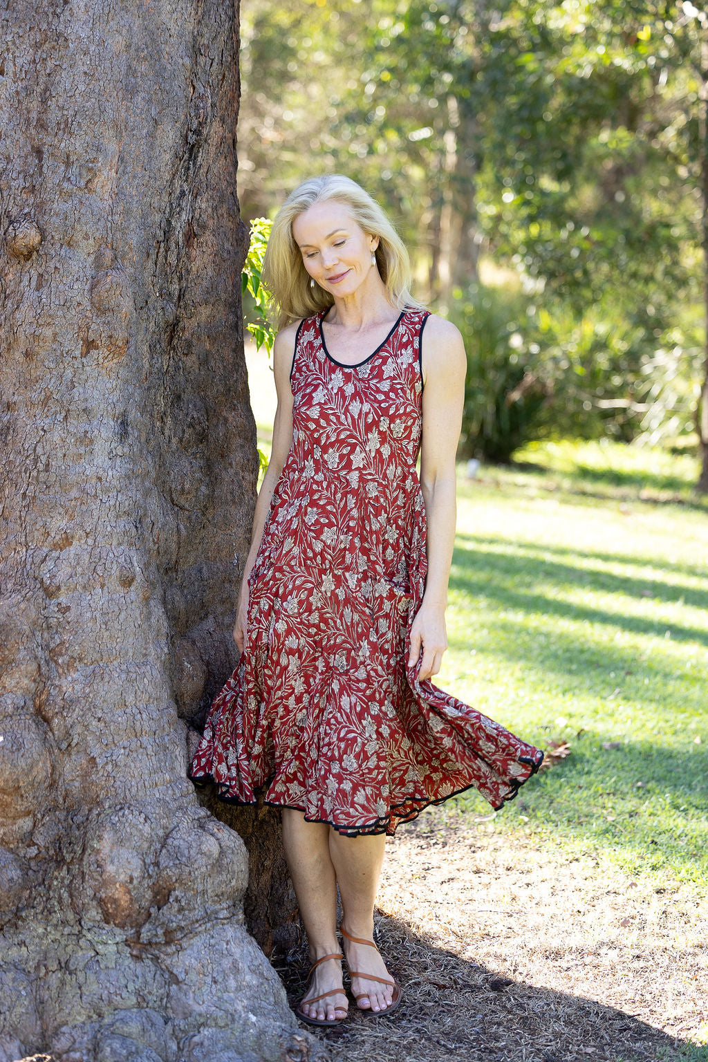 Womens, midi, Flamenco Dress, sleeveless, 100% Cotton, hand block print. In natural red, Rubira