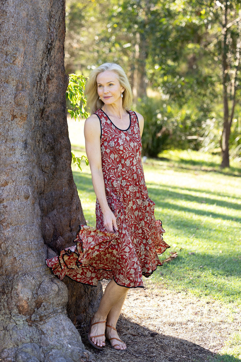 Womens, midi, Flamenco Dress, sleeveless, 100% Cotton, hand block print. In natural red, Rubira