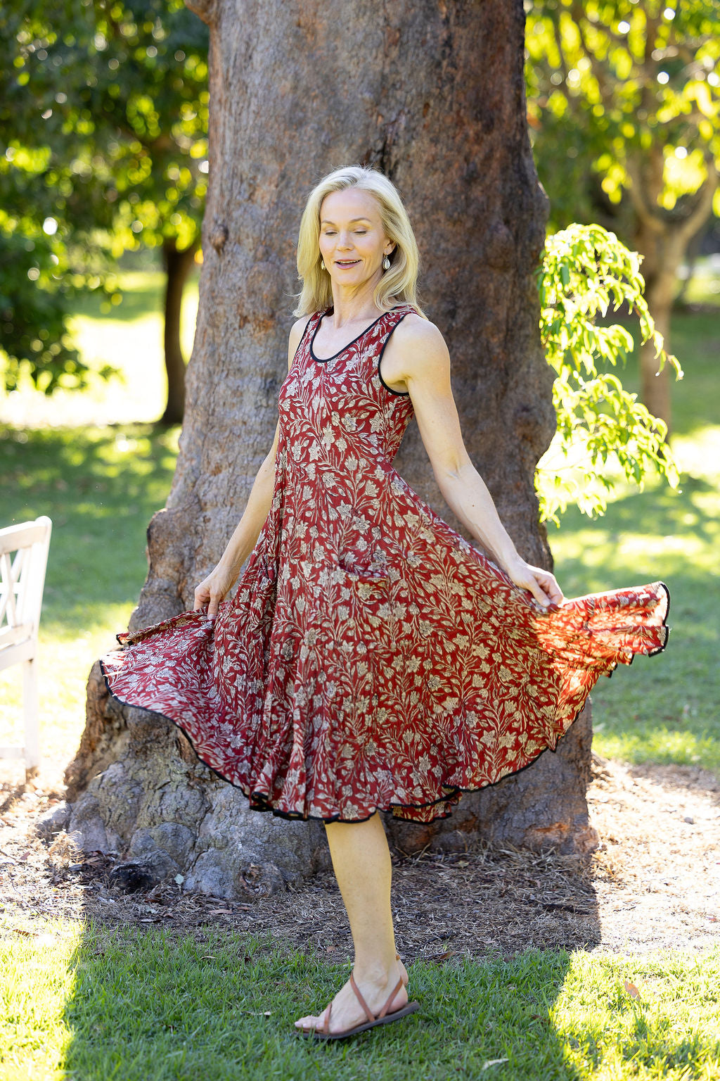 Womens, midi, Flamenco Dress, sleeveless, 100% Cotton, hand block print. In natural red, Rubira