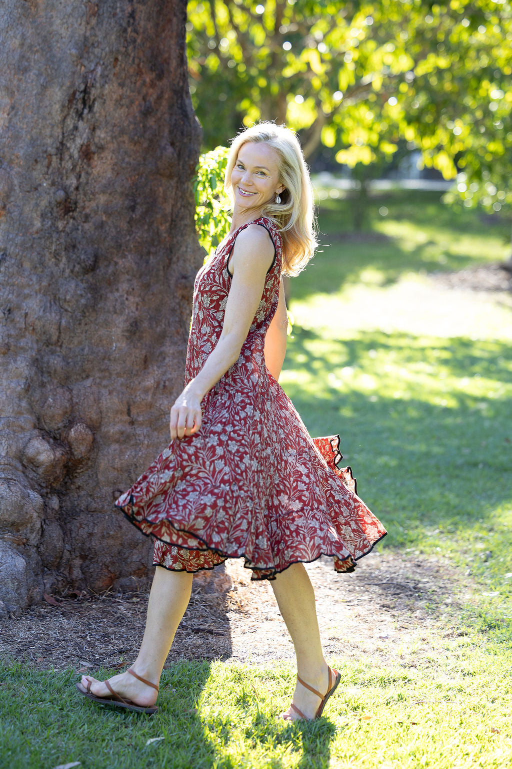 Womens, midi, Flamenco Dress, sleeveless, 100% Cotton, hand block print. In natural red, Rubira