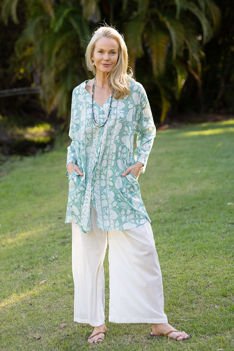Womens, Leela tunic blouse, with sleeves, 100% cotton, hand block print. In soft green Mint.