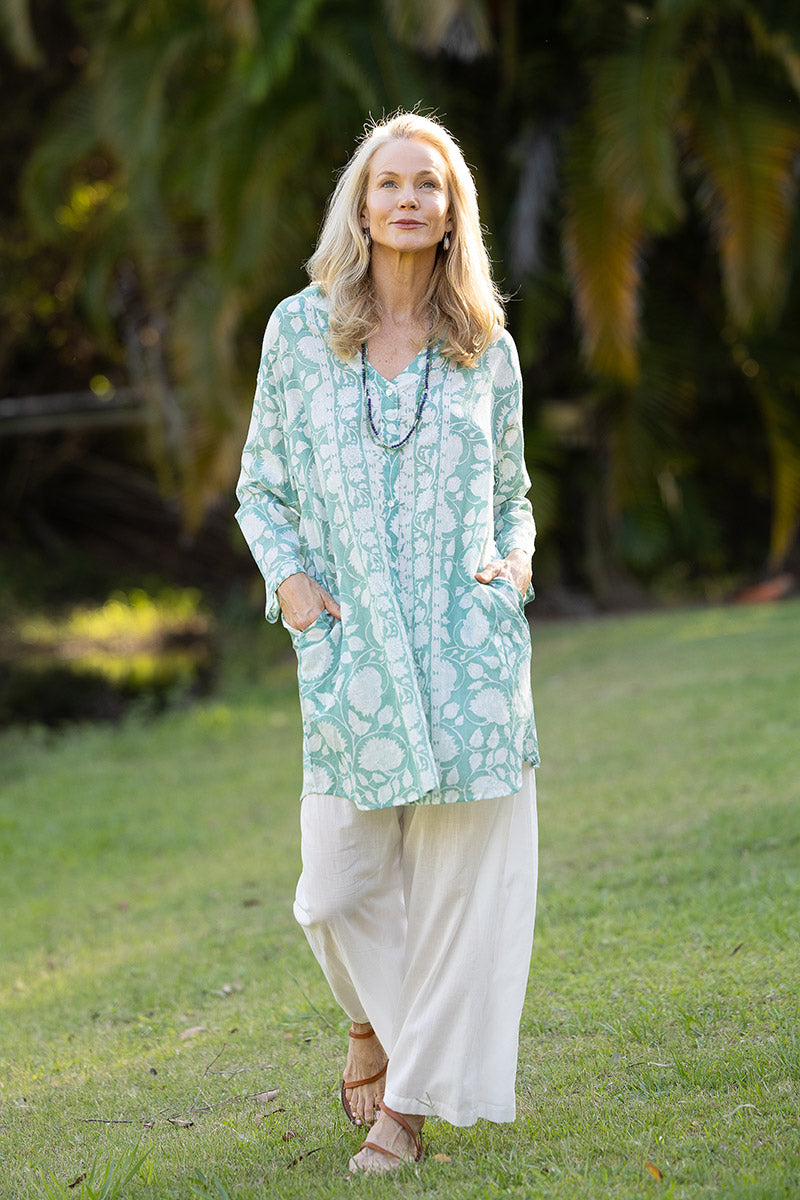 Womens, Leela tunic blouse, with sleeves, 100% cotton, hand block print. In soft green Mint.