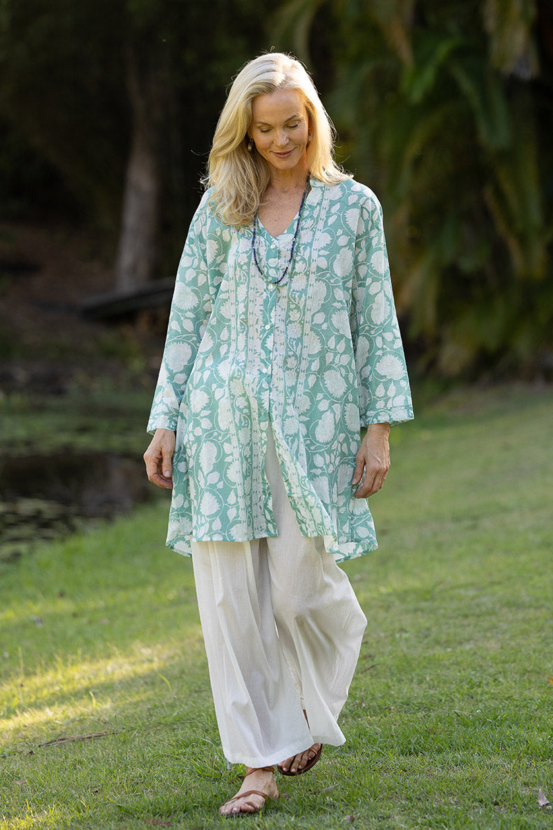 Womens, Leela tunic blouse, with sleeves, 100% cotton, hand block print. In soft green Mint.