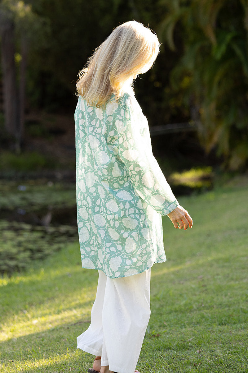 Womens, Leela tunic blouse, with sleeves, 100% cotton, hand block print. In soft green Mint.