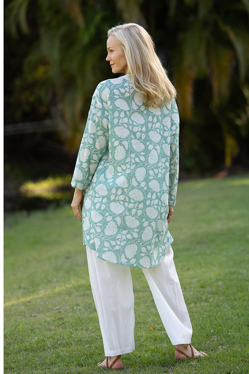 Womens, Leela tunic blouse, with sleeves, 100% cotton, hand block print. In soft green Mint.