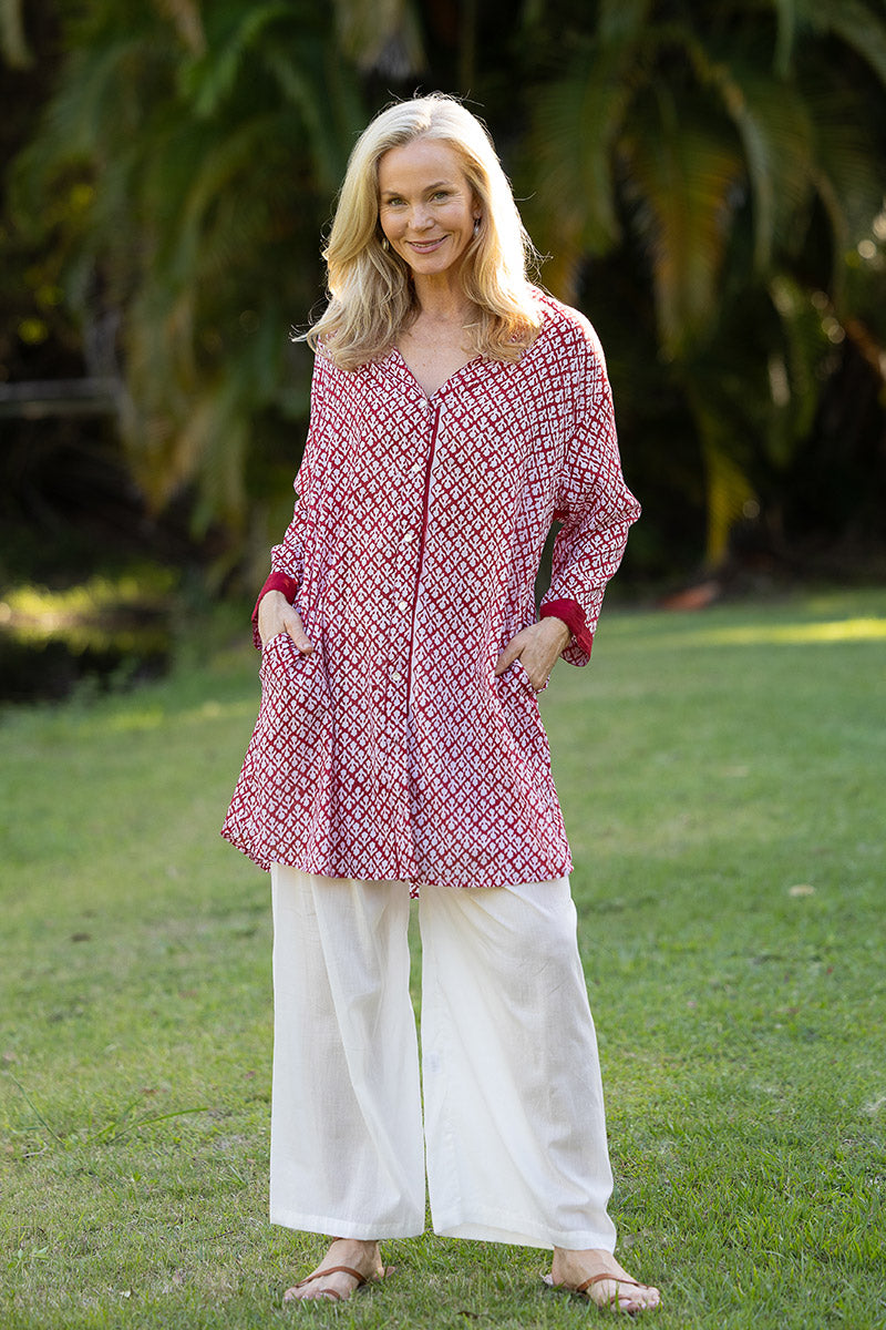Womens, Leela tunic blouse, with sleeves, 100% cotton, hand block print. In vibrant cool red - Ruby