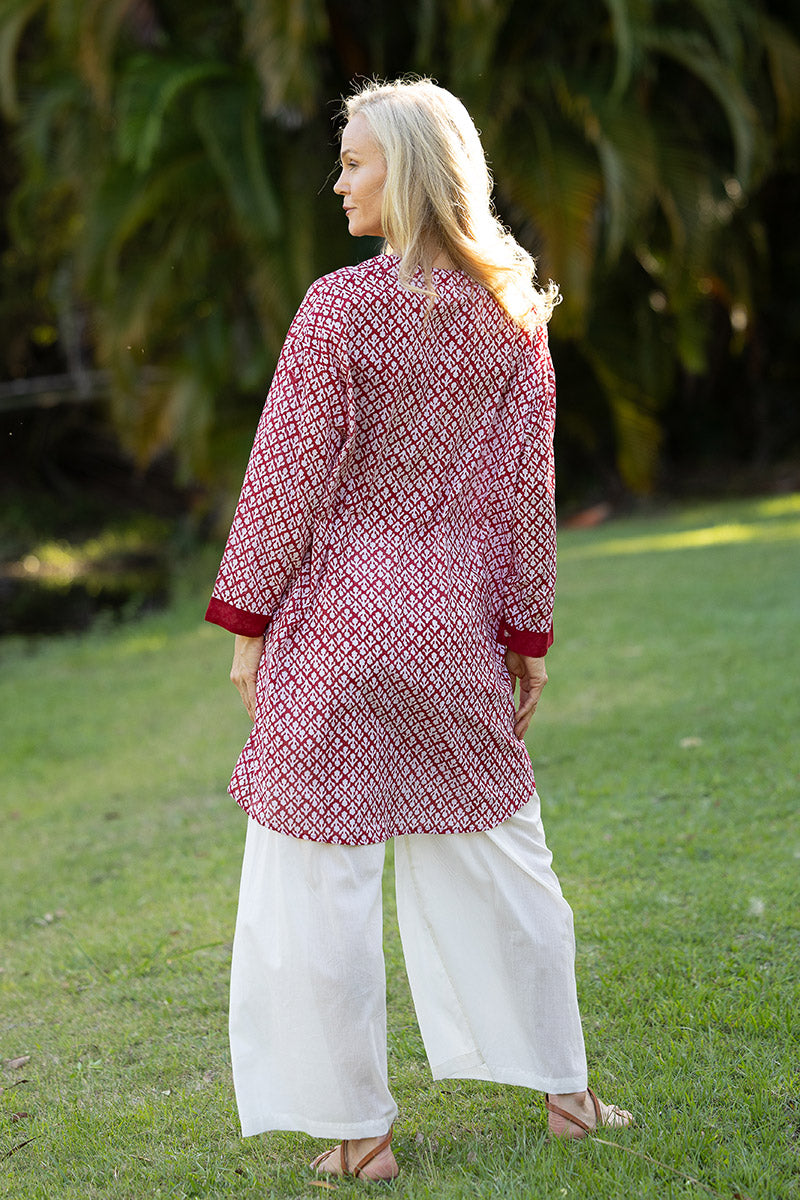 Womens, Leela tunic blouse, with sleeves, 100% cotton, hand block print. In vibrant cool red - Ruby