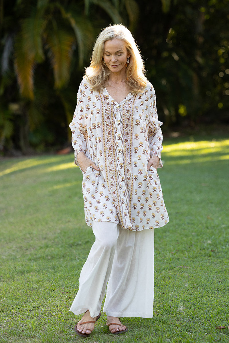 Womens, Leela tunic blouse, with sleeves, 100% cotton, hand block print. In Yellow and Brown floral - Wild Honey