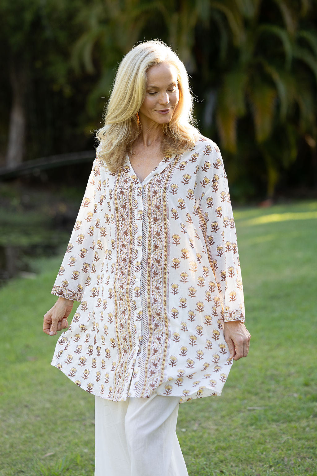 Womens, Leela tunic blouse, with sleeves, 100% cotton, hand block print. In Yellow and Brown floral - Wild Honey