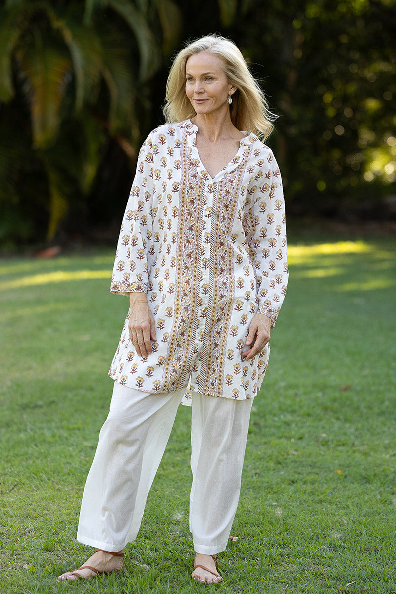 Womens, Leela tunic blouse, with sleeves, 100% cotton, hand block print. In Yellow and Brown floral - Wild Honey