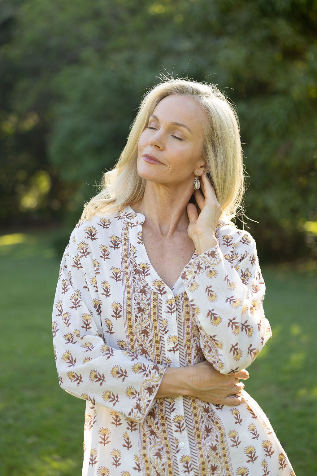 Womens, Leela tunic blouse, with sleeves, 100% cotton, hand block print. In Yellow and Brown floral - Wild Honey