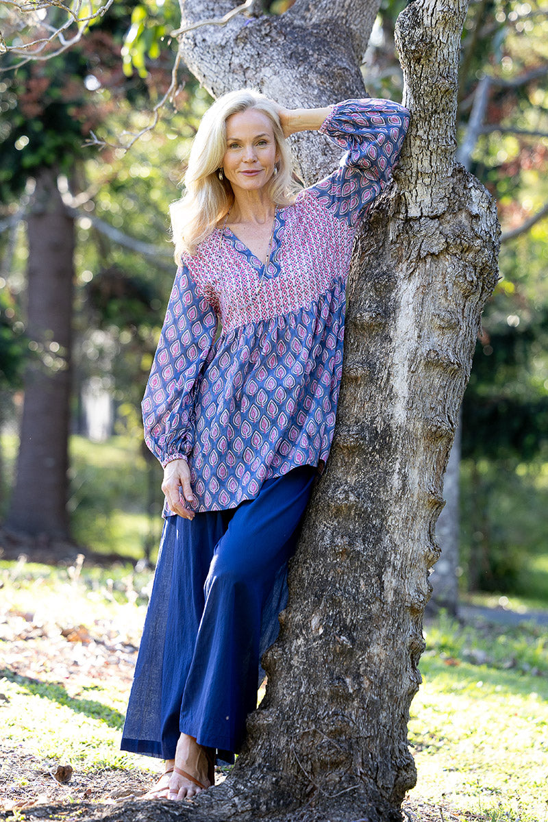 Womens, mini or blouse, with sleeves, 100% Cotton, hand block print. In Lavender Pink - Anjali print.
