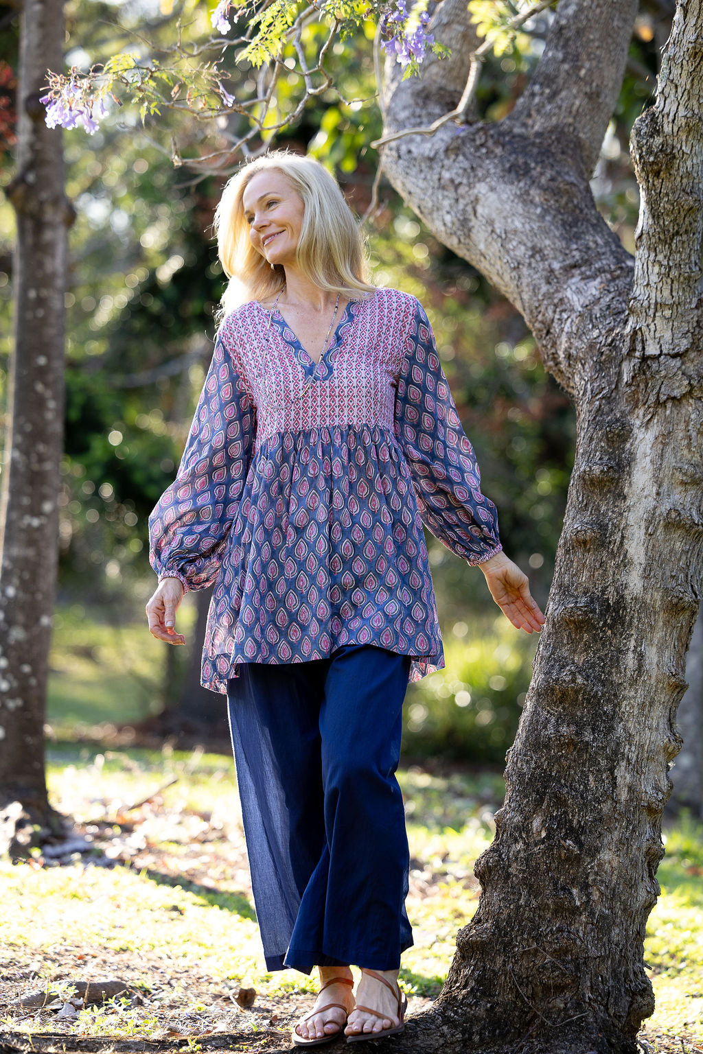 Womens, mini or blouse, with sleeves, 100% Cotton, hand block print. In Lavender Pink - Anjali print.