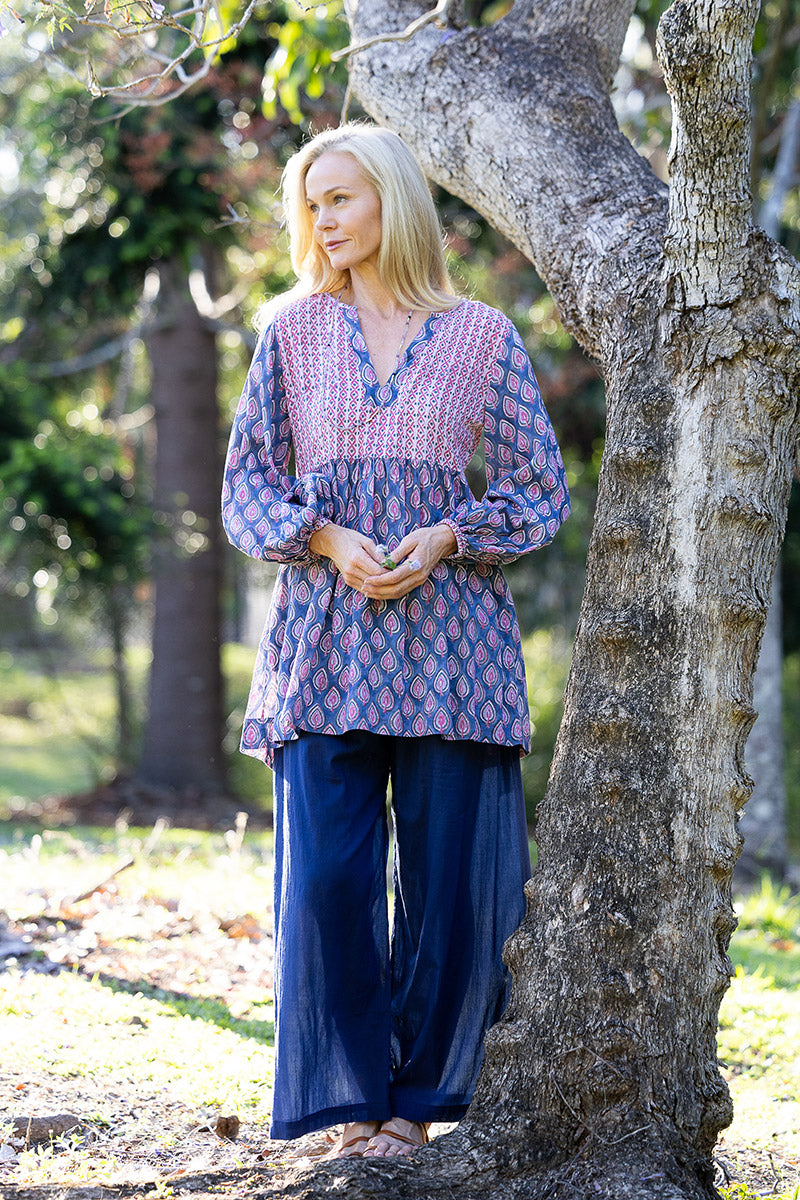Womens, mini or blouse, with sleeves, 100% Cotton, hand block print. In Lavender Pink - Anjali print.
