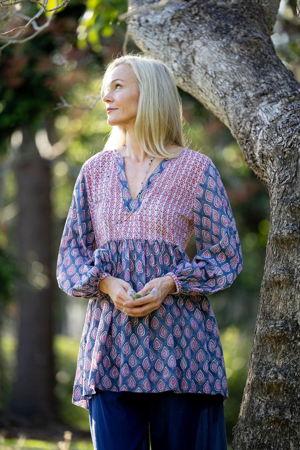 Womens, mini or blouse, with sleeves, 100% Cotton, hand block print. In Lavender Pink - Anjali print.