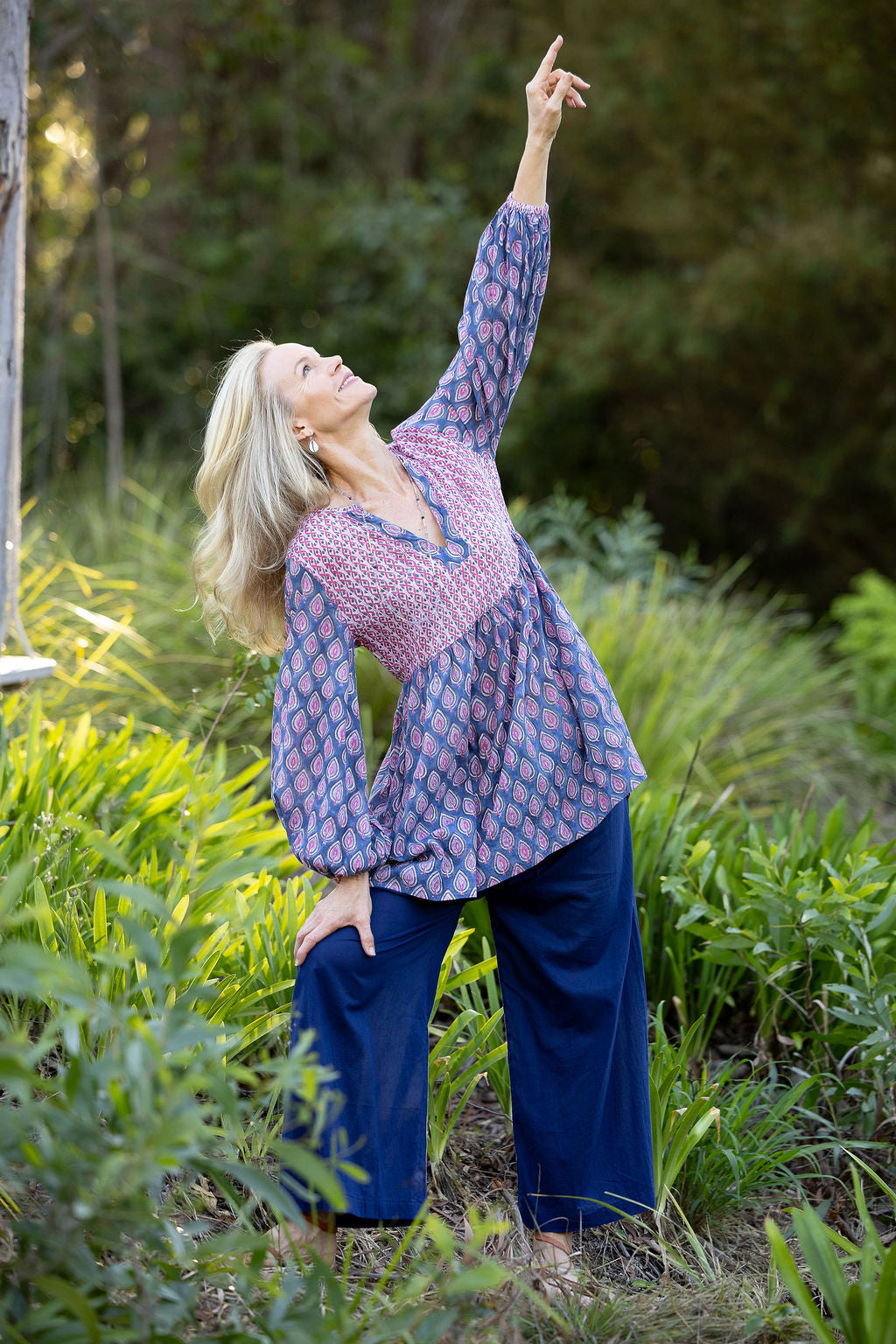 Womens, mini or blouse, with sleeves, 100% Cotton, hand block print. In Lavender Pink - Anjali print.