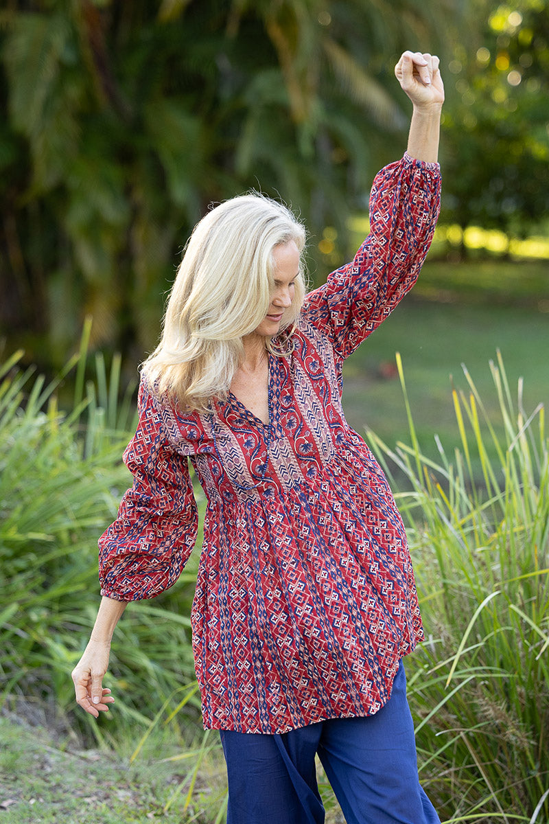 Womens, mini or blouse, with sleeves, 100% Cotton, hand block print. Aztec Red - Tavira