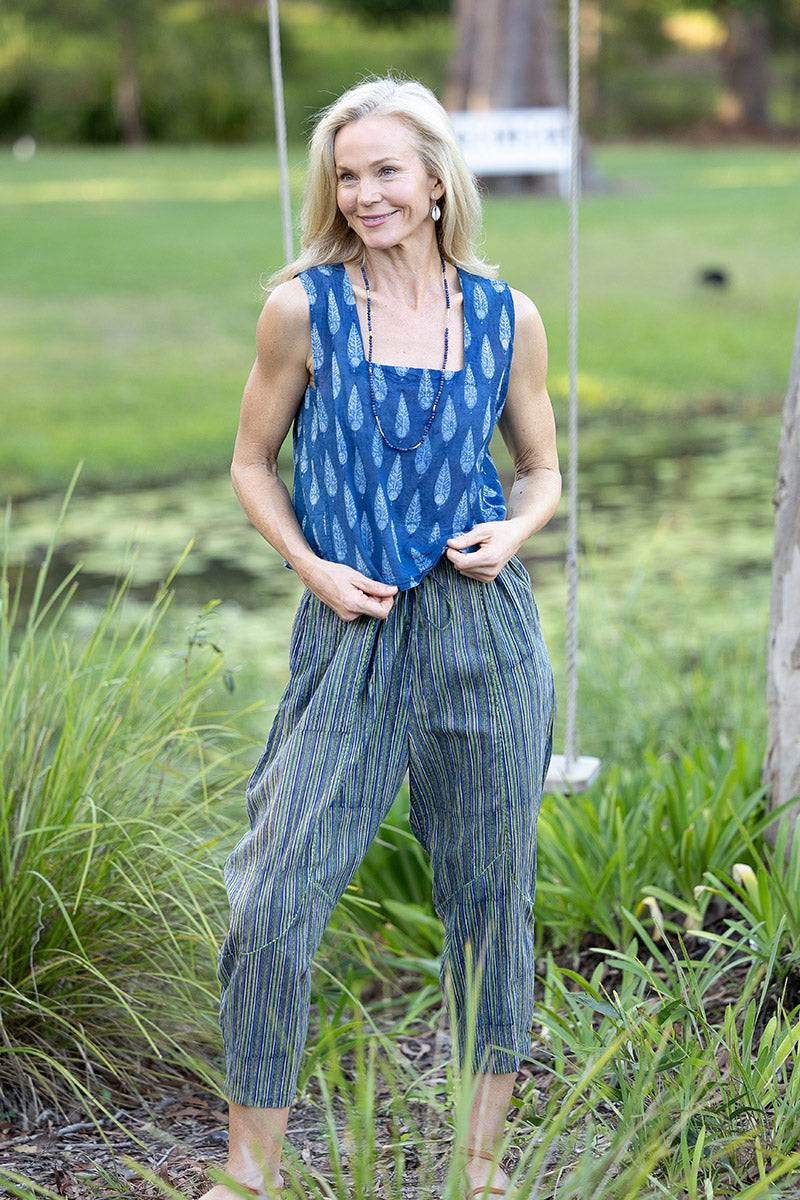 Womens Pants & Top, 100% Cotton, Hand Block Print, Summer. Sol Pants in Blue | Green - Viridis, Lola top in natural blue - Indigo Nivara.