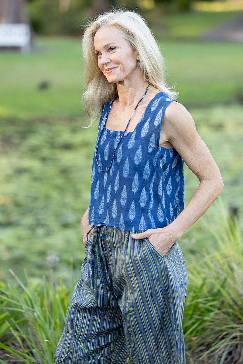 Womens Pants & Top, 100% Cotton, Hand Block Print, Summer. Sol Pants in Blue | Green - Viridis, Lola top in natural blue - Indigo Nivara.