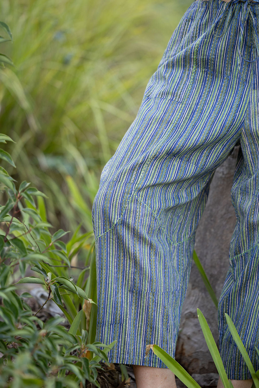 Womens Pants, 100% Cotton, Hand Block Print, Summer. Sol Pants in Blue | Green - Viridis.
