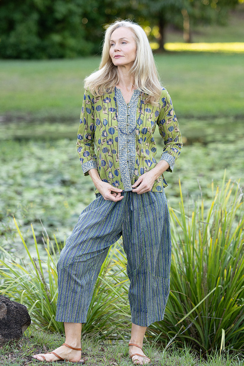 Womens Pants & Top, 100% Cotton, Hand Block Print, Summer. Sol Pants in Blue | Green - Viridis & Mandalay blouse in Sepia & Green, Verde Sol