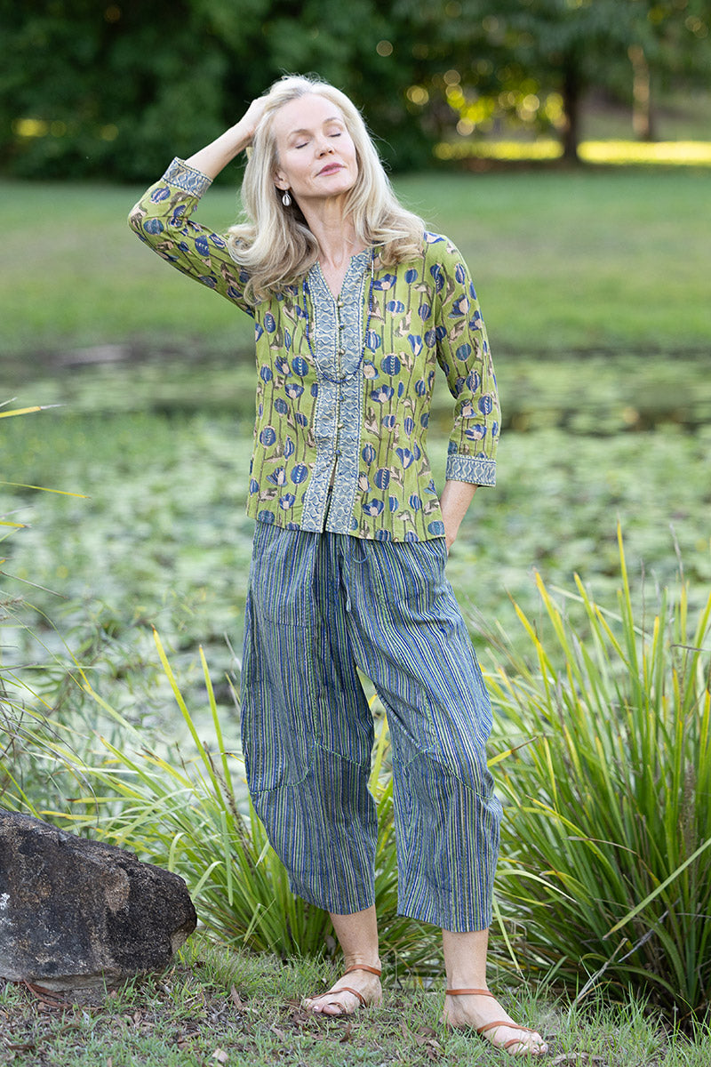 Womens Pants & Top, 100% Cotton, Hand Block Print, Summer. Sol Pants in Blue | Green - Viridis & Mandalay blouse in Sepia & Green, Verde Sol