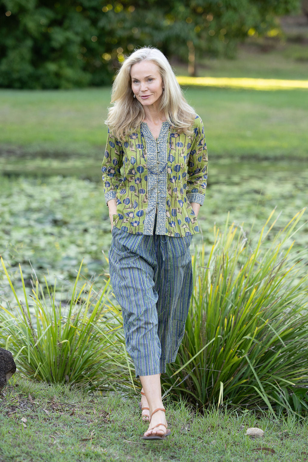 Womens Pants & Top, 100% Cotton, Hand Block Print, Summer. Sol Pants in Blue | Green - Viridis & Mandalay blouse in Sepia & Green, Verde Sol