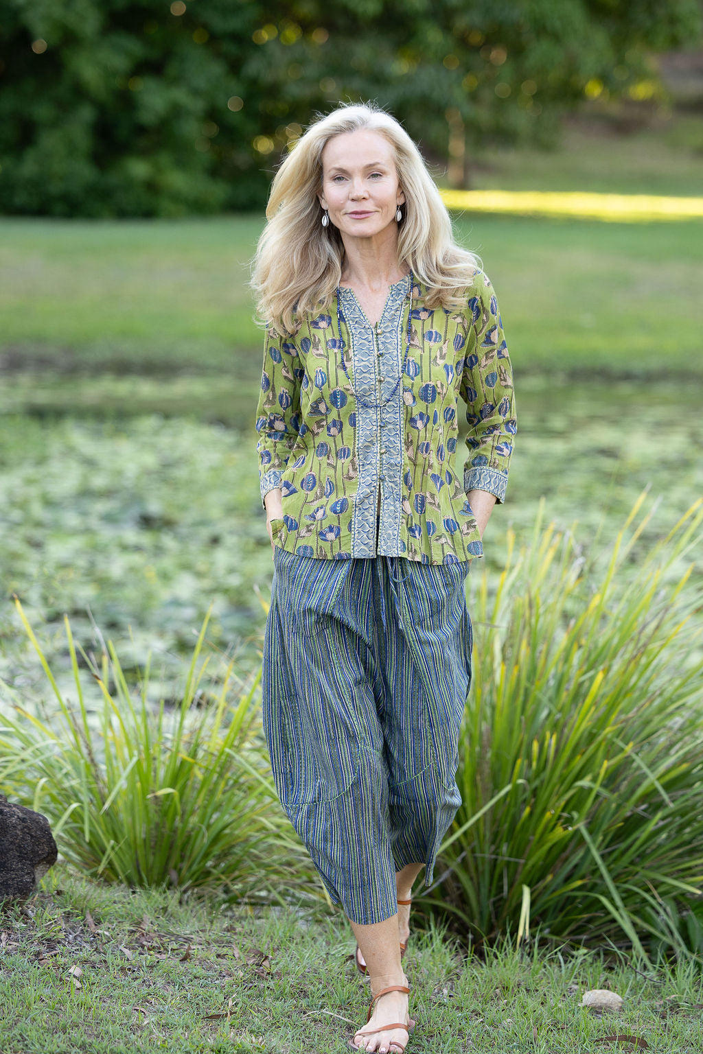 Womens Pants & Top, 100% Cotton, Hand Block Print, Summer. Sol Pants in Blue | Green - Viridis & Mandalay blouse in Sepia & Green, Verde Sol